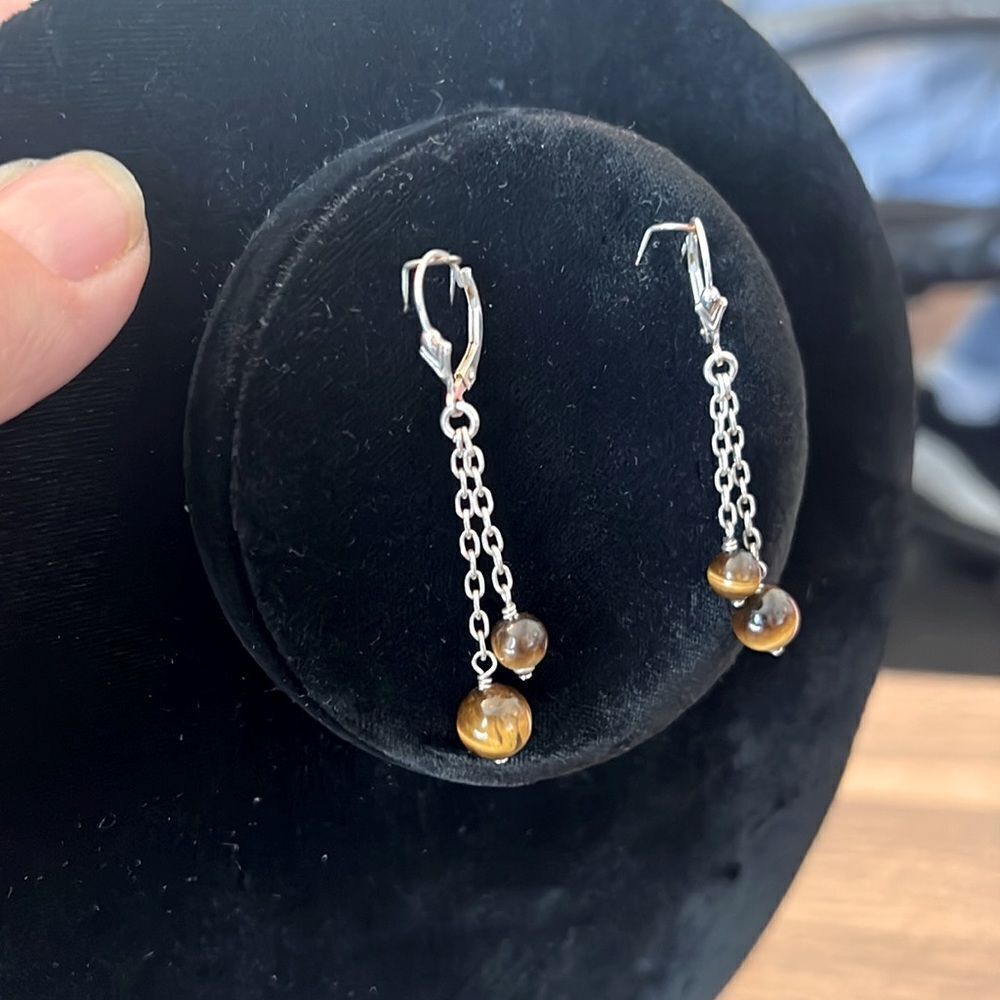 925 Tigers Eye Chain Drop Earrings